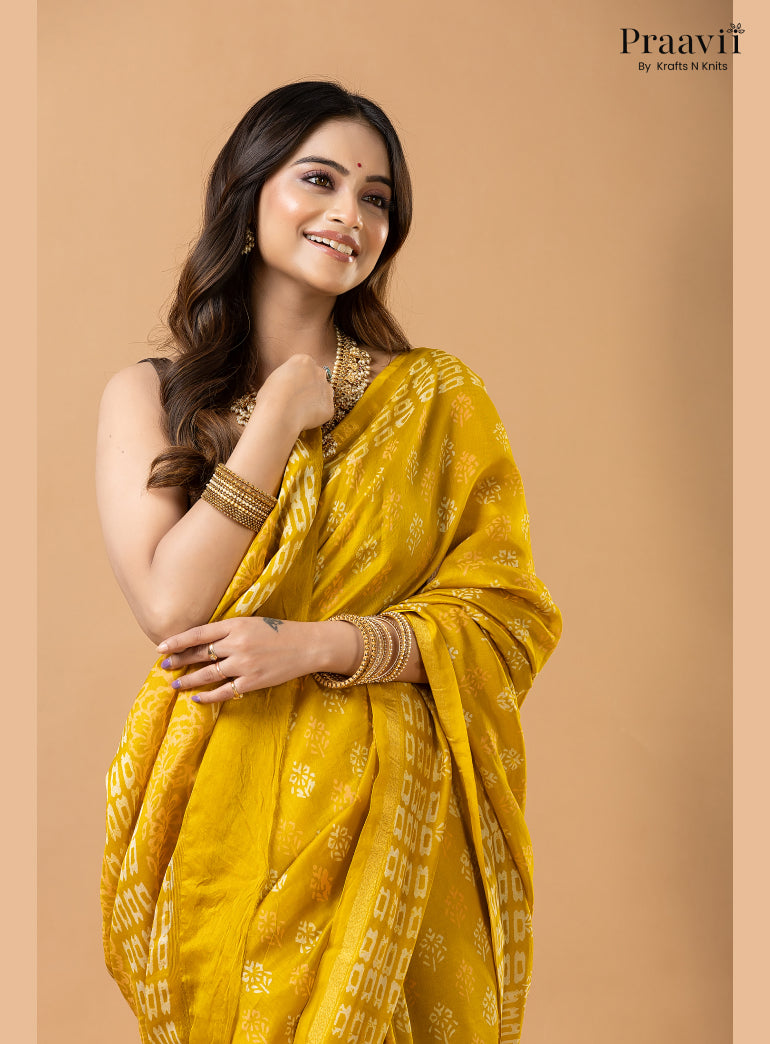 Mustard Yellow Chanderi Handblock Print Saree