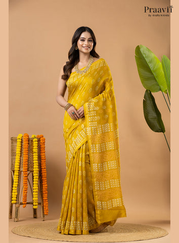 Mustard Yellow Chanderi Handblock Print Saree