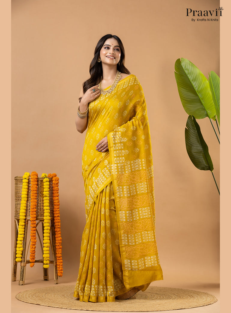 Mustard Yellow Chanderi Handblock Print Saree