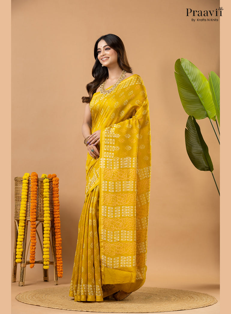 Mustard Yellow Chanderi Handblock Print Saree