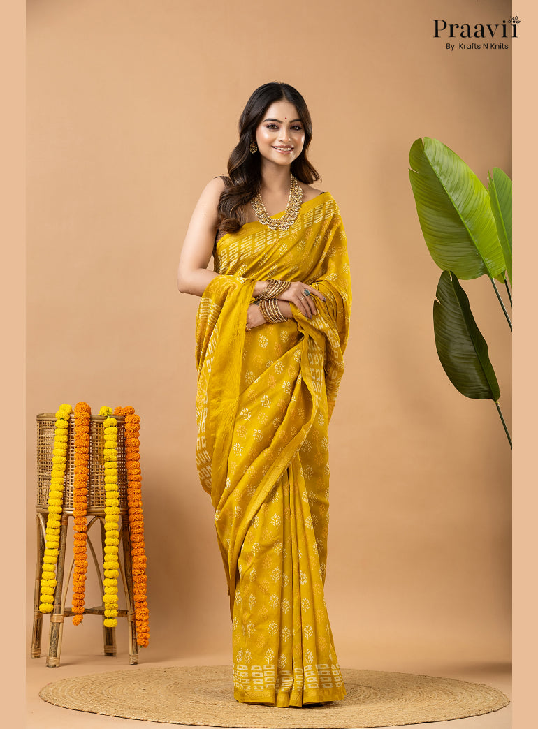 Mustard Yellow Chanderi Handblock Print Saree