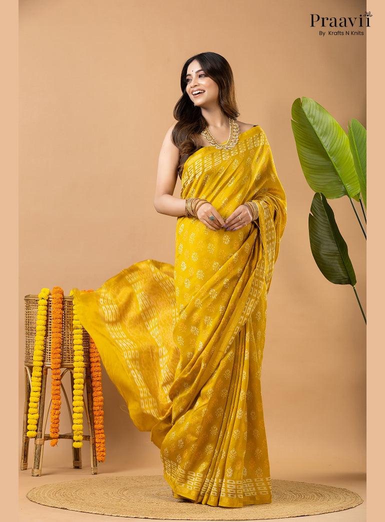 Mustard Yellow Chanderi Handblock Print Saree