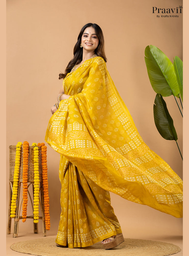 Mustard Yellow Chanderi Handblock Print Saree