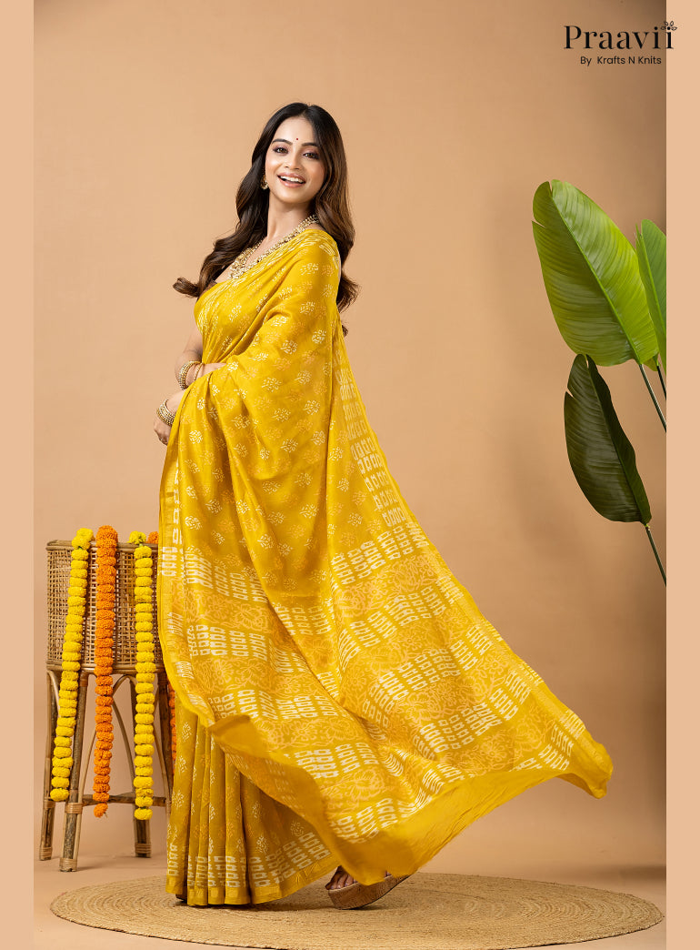 Mustard Yellow Chanderi Handblock Print Saree