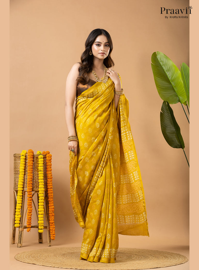 Mustard Yellow Chanderi Handblock Print Saree