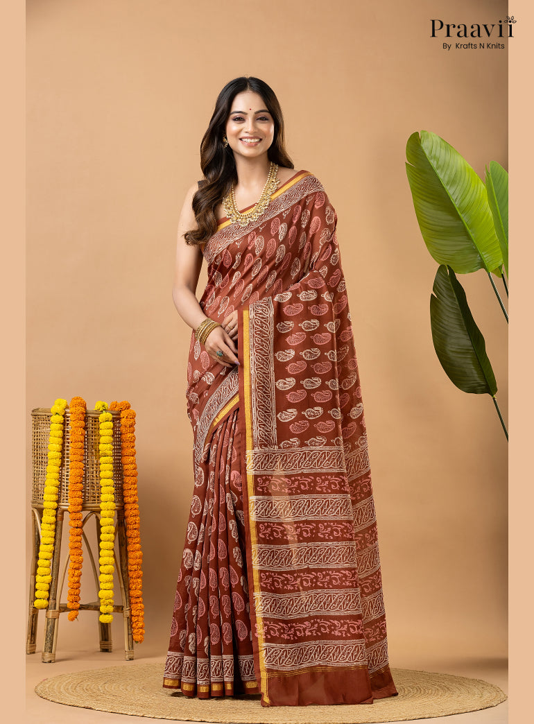 Light Brown Chanderi Handblock Print Saree