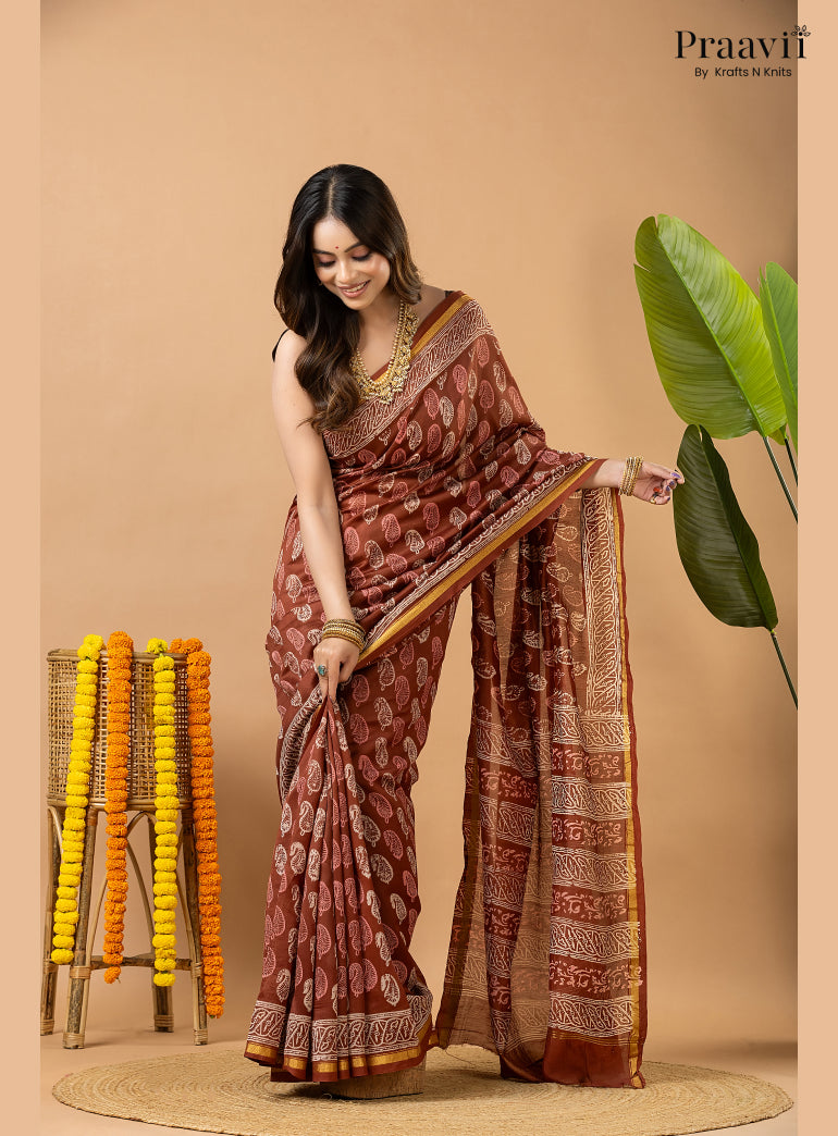 Light Brown Chanderi Handblock Print Saree