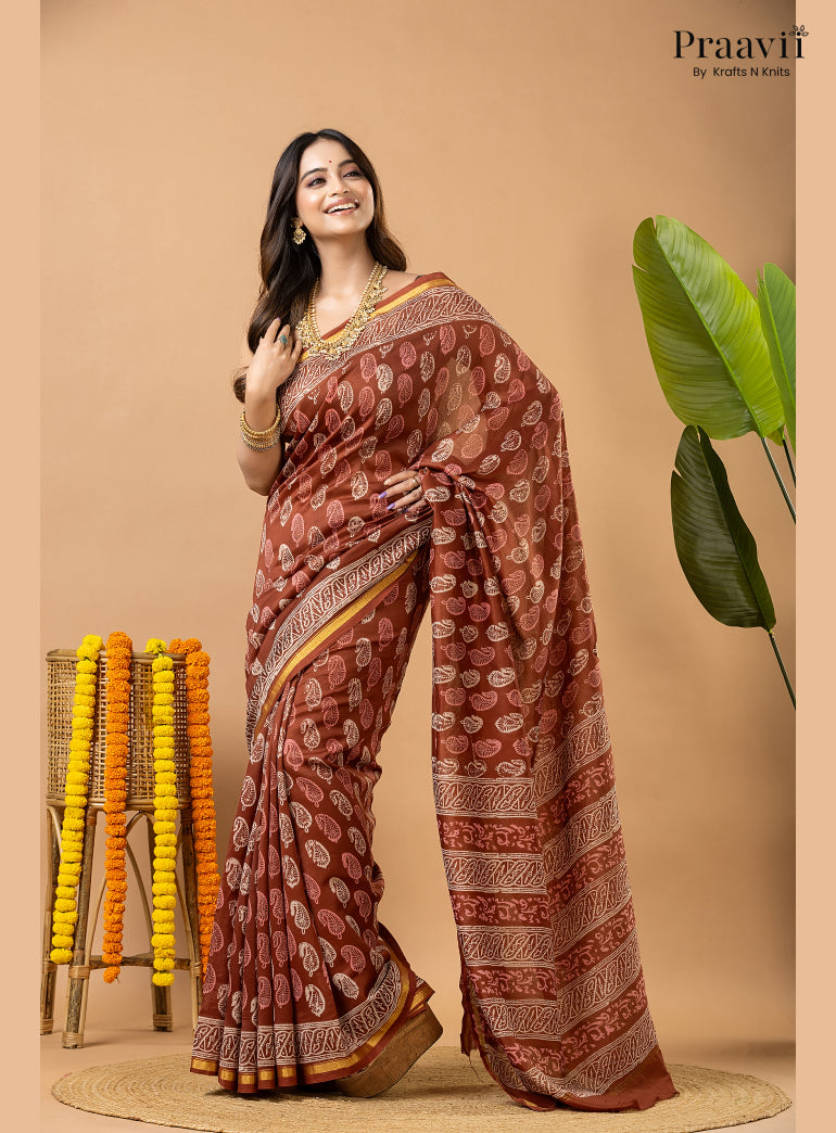 Light Brown Chanderi Handblock Print Saree
