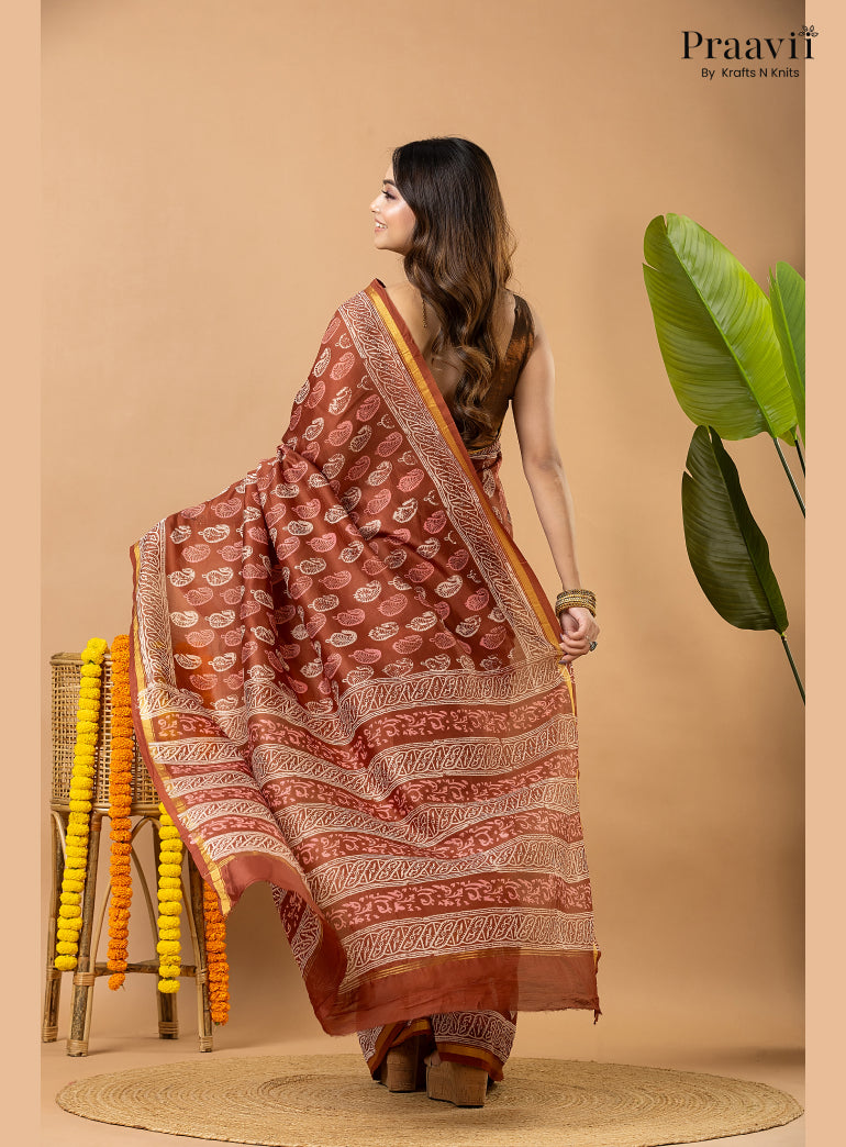 Light Brown Chanderi Handblock Print Saree