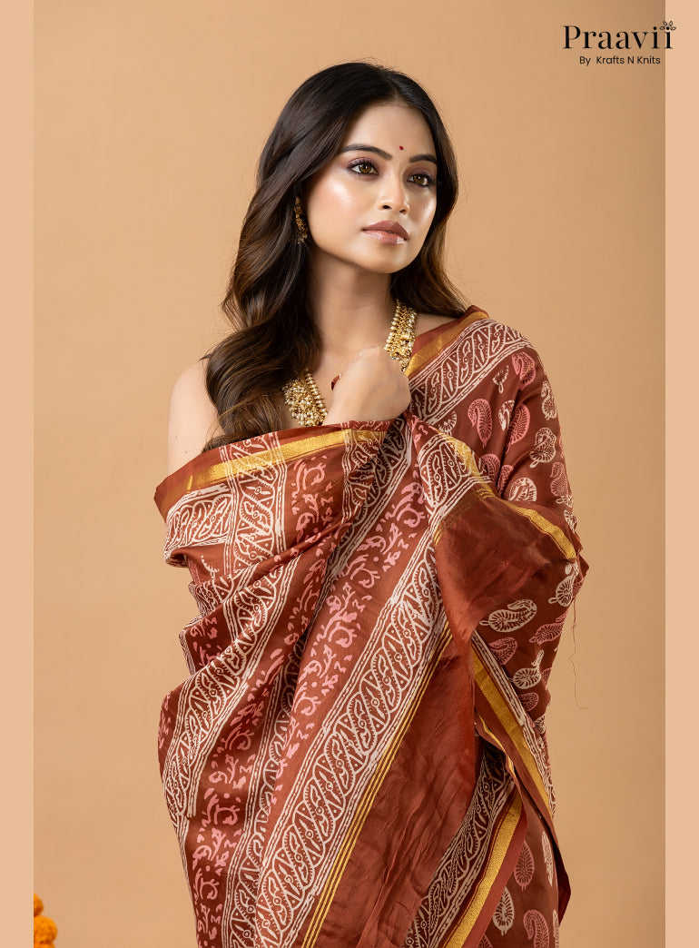 Light Brown Chanderi Handblock Print Saree