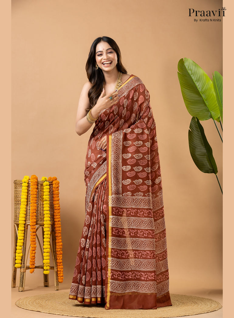 Light Brown Chanderi Handblock Print Saree