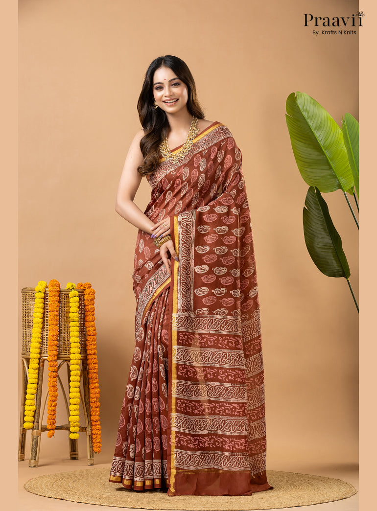 Light Brown Chanderi Handblock Print Saree