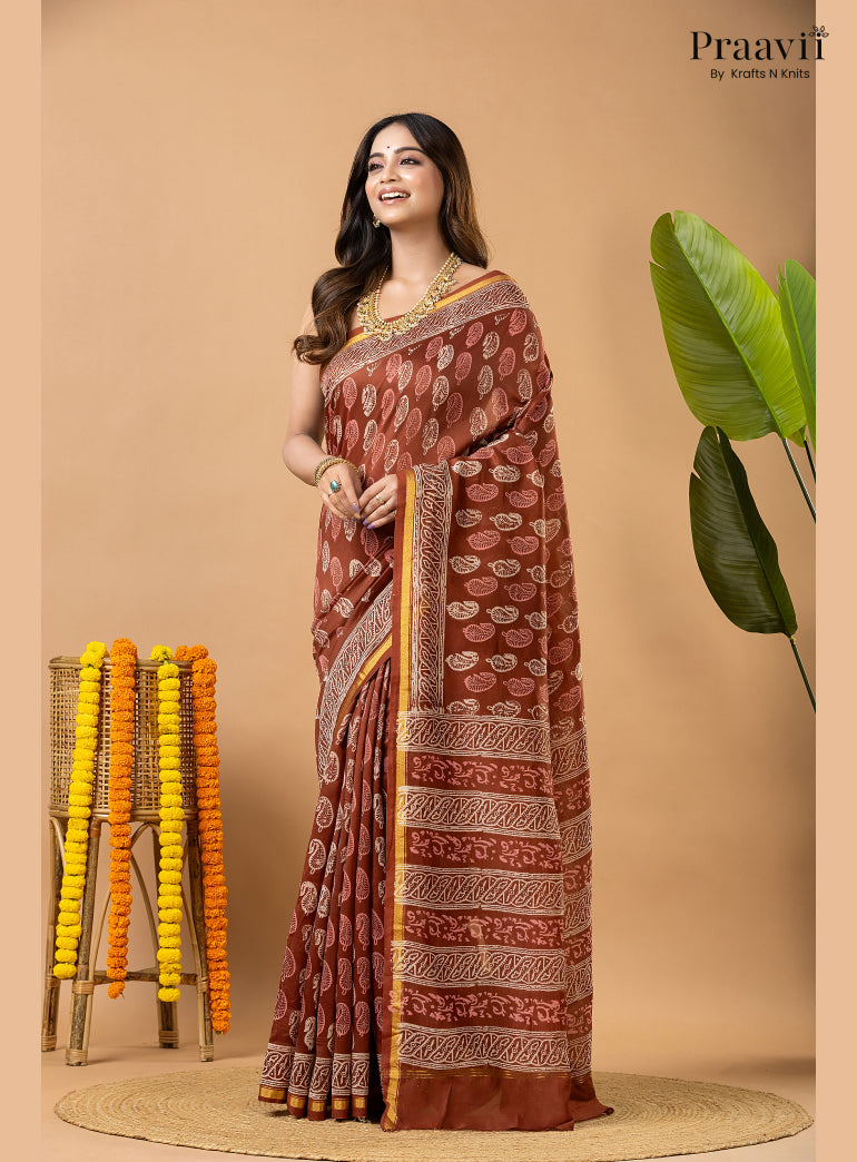 Light Brown Chanderi Handblock Print Saree