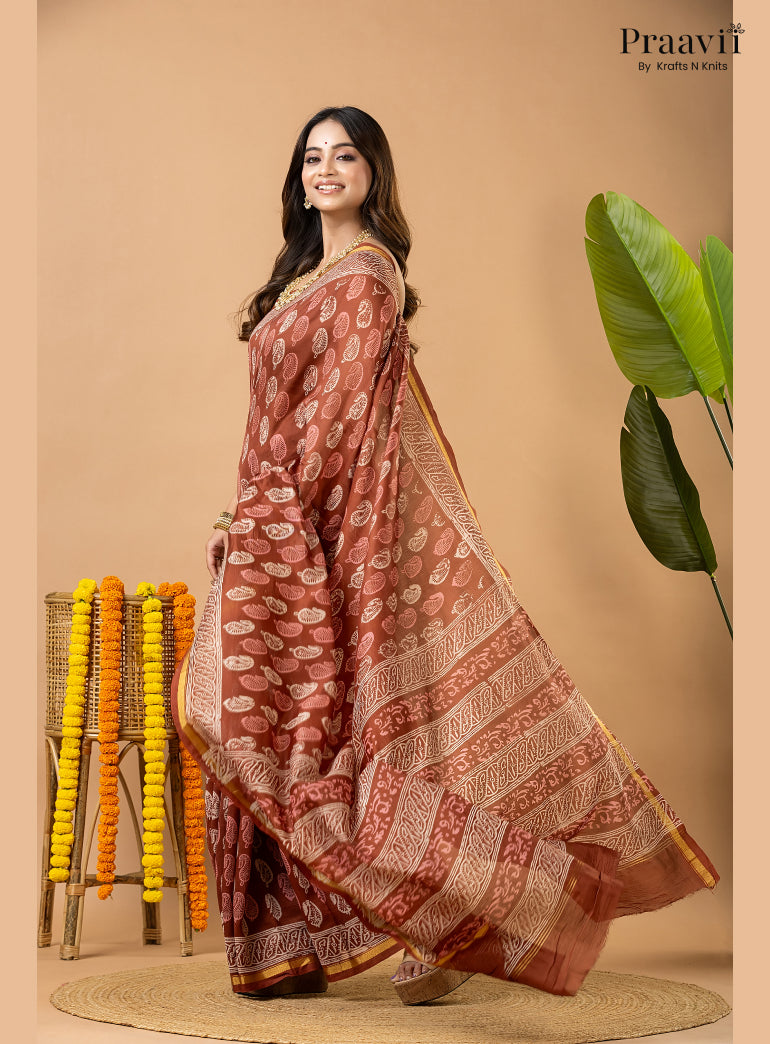 Light Brown Chanderi Handblock Print Saree