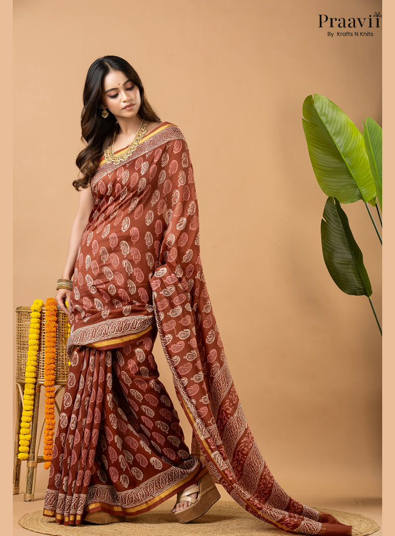 Light Brown Chanderi Handblock Print Saree