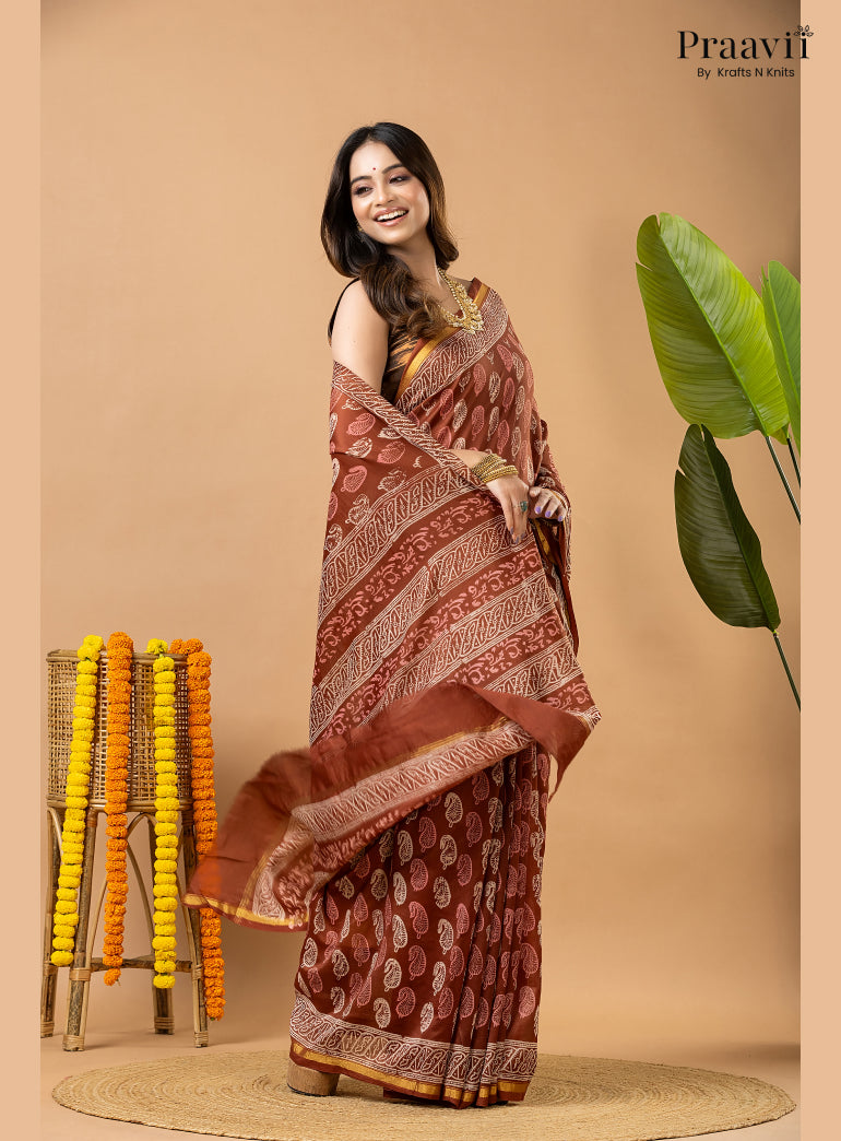 Light Brown Chanderi Handblock Print Saree