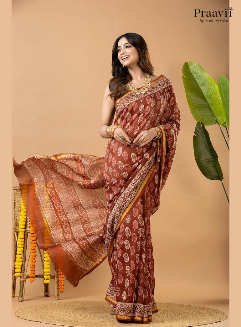 Light Brown Chanderi Handblock Print Saree