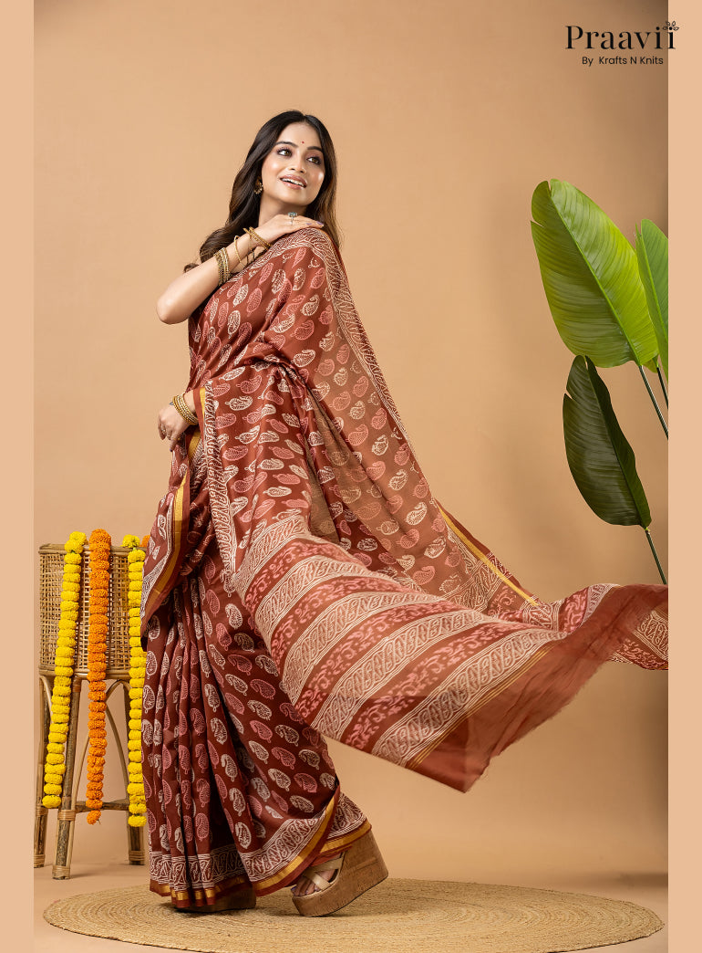 Light Brown Chanderi Handblock Print Saree