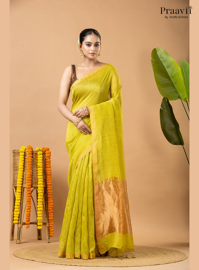 Lime Green Tissue Linen Saree with Tissue Pallu