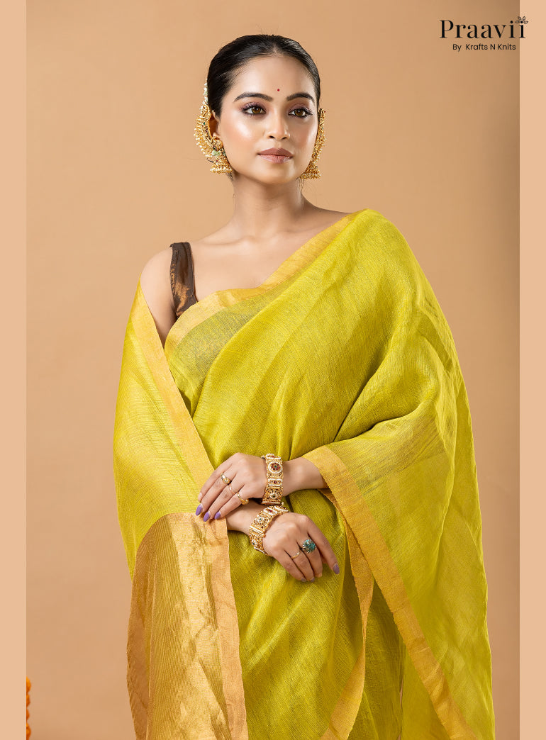 Lime Green Tissue Linen Saree with Tissue Pallu