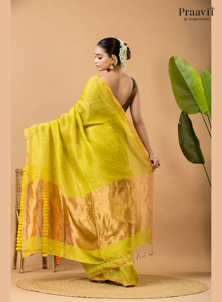 Lime Green Tissue Linen Saree with Tissue Pallu