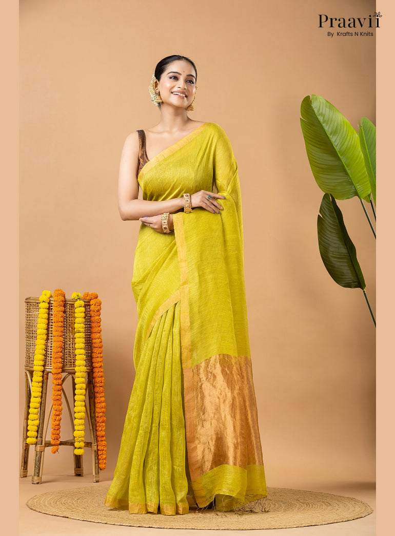 Lime Green Tissue Linen Saree with Tissue Pallu