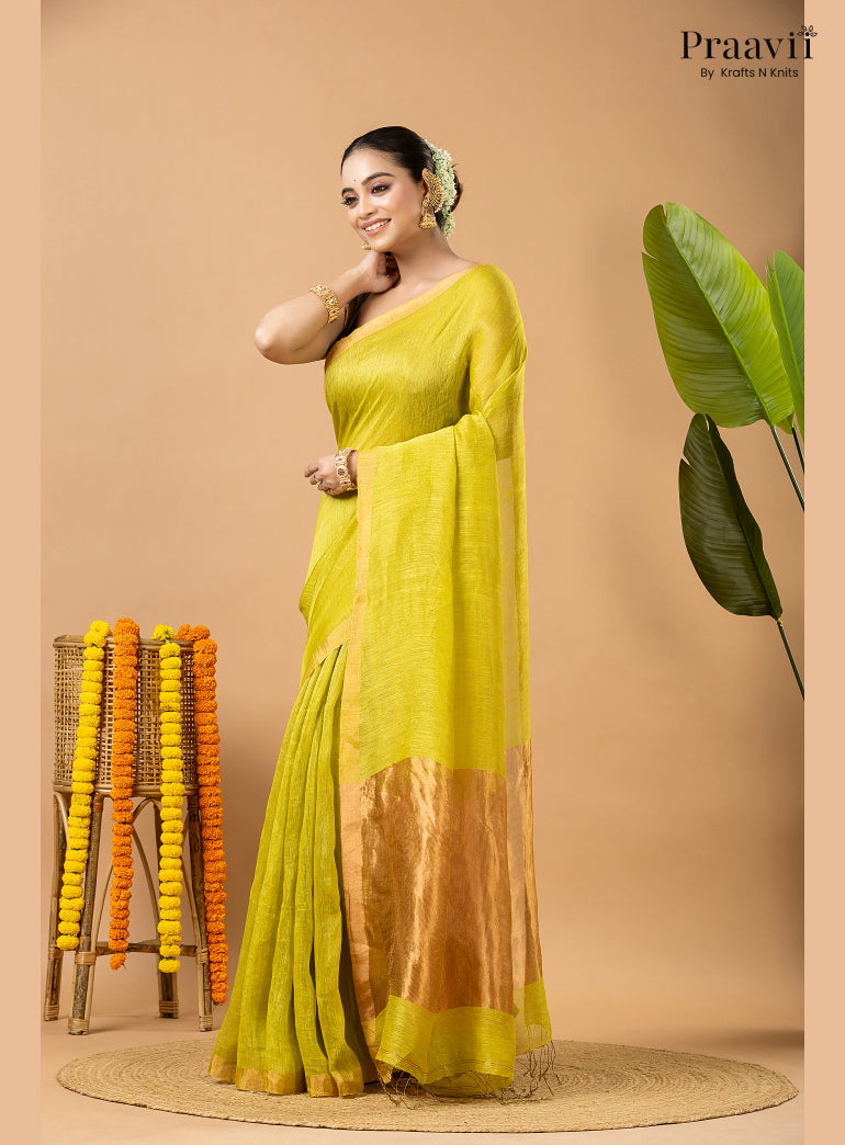 Lime Green Tissue Linen Saree with Tissue Pallu