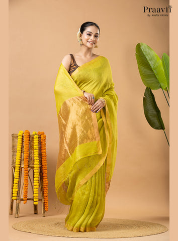 Lime Green Tissue Linen Saree with Tissue Pallu