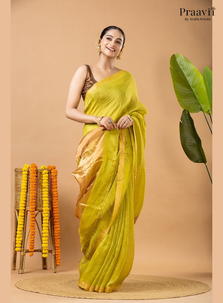 Lime Green Tissue Linen Saree with Tissue Pallu