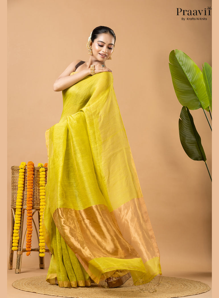 Lime Green Tissue Linen Saree with Tissue Pallu
