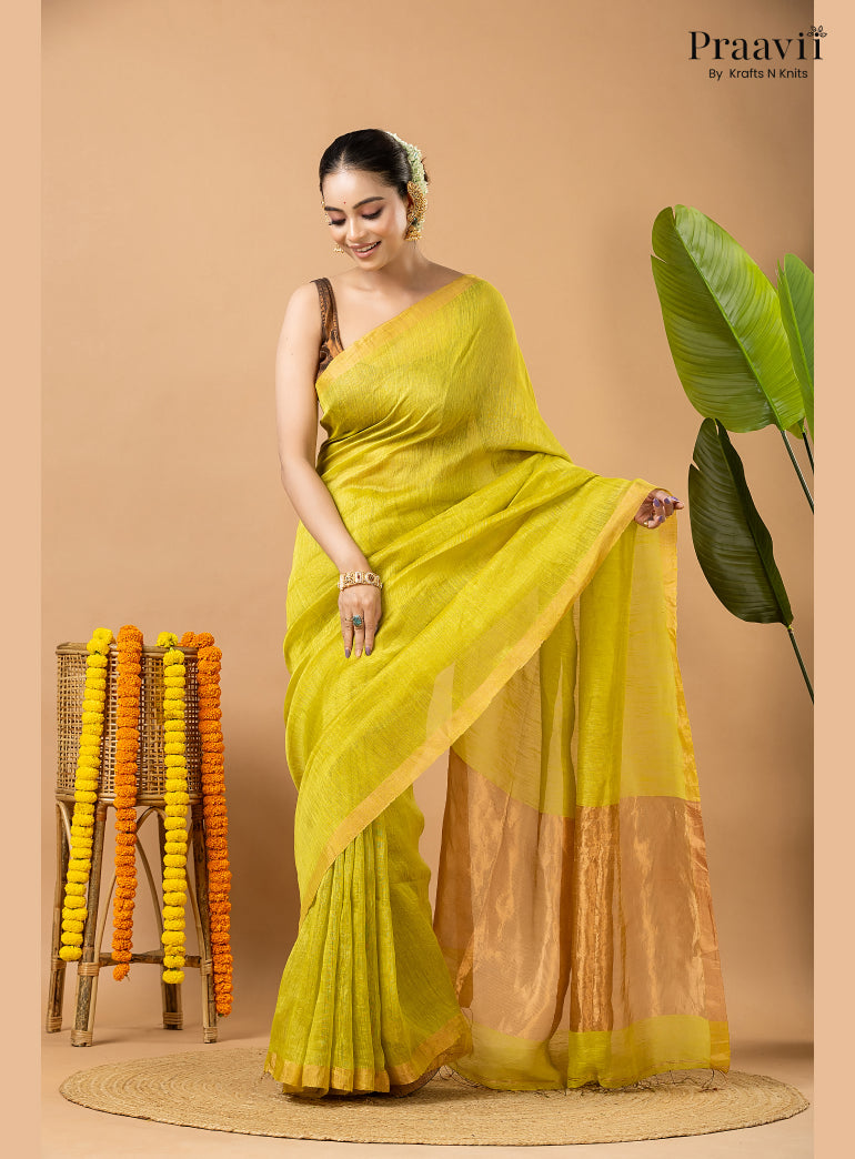 Lime Green Tissue Linen Saree with Tissue Pallu