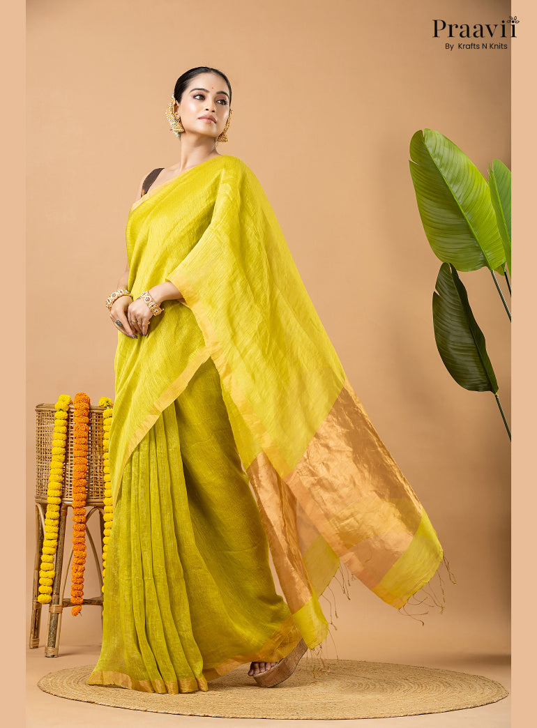 Lime Green Tissue Linen Saree with Tissue Pallu