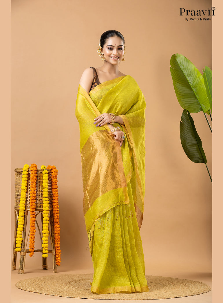 Lime Green Tissue Linen Saree with Tissue Pallu