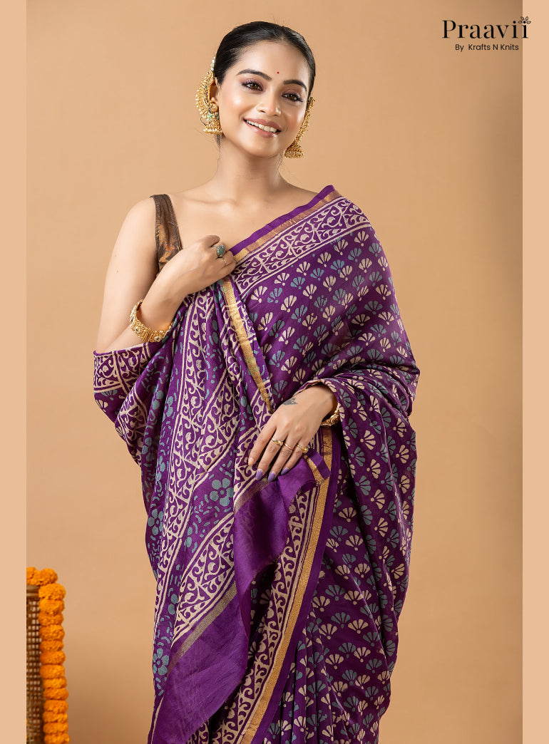 Violet Chanderi Handblock Print Saree