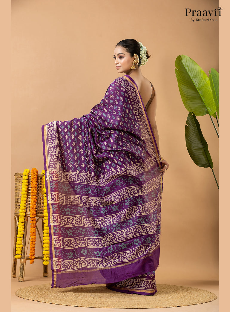 Violet Chanderi Handblock Print Saree