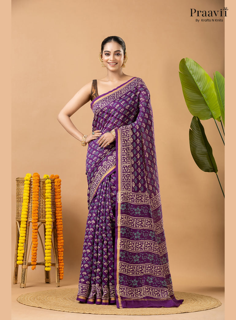 Violet Chanderi Handblock Print Saree