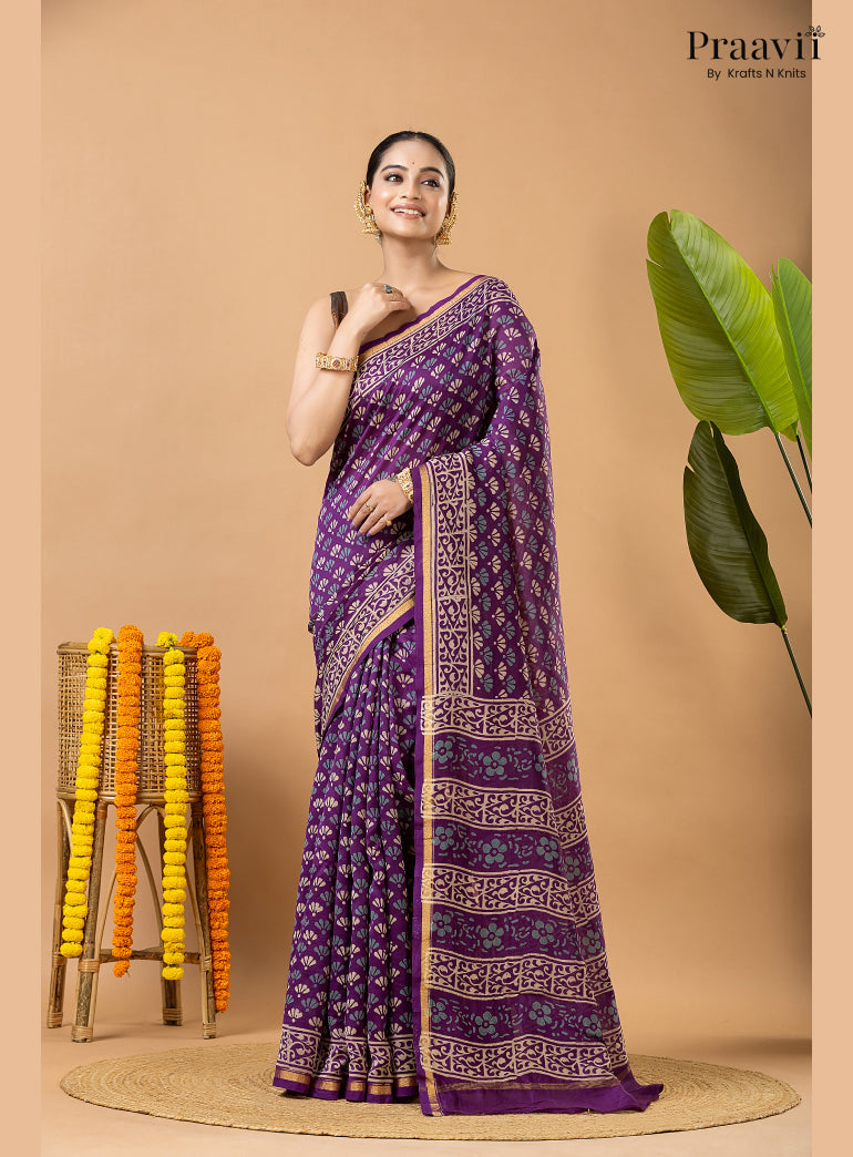 Violet Chanderi Handblock Print Saree