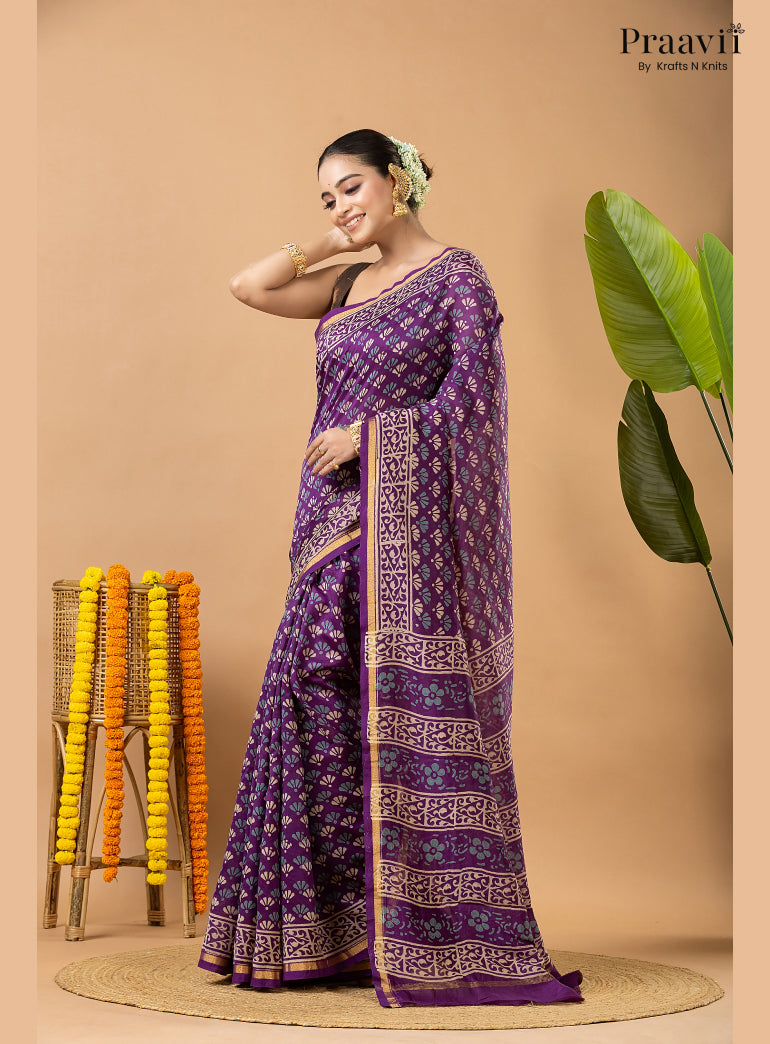 Violet Chanderi Handblock Print Saree