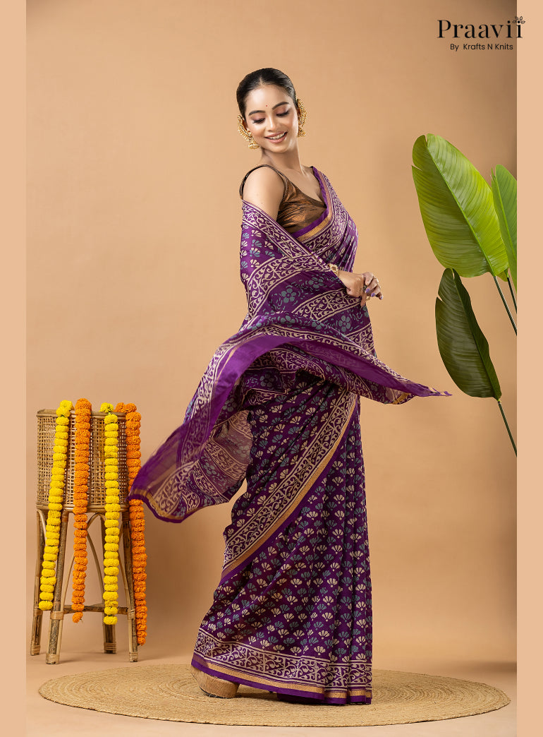 Violet Chanderi Handblock Print Saree