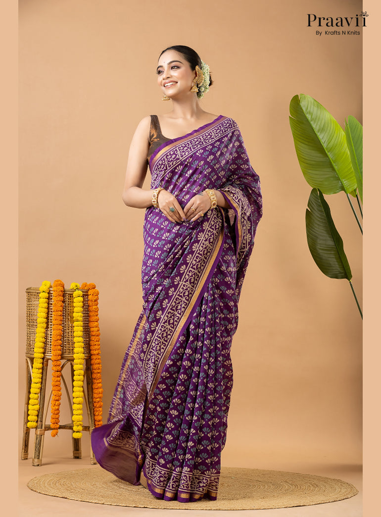 Violet Chanderi Handblock Print Saree