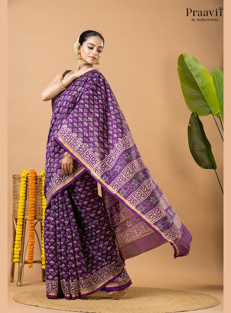 Violet Chanderi Handblock Print Saree