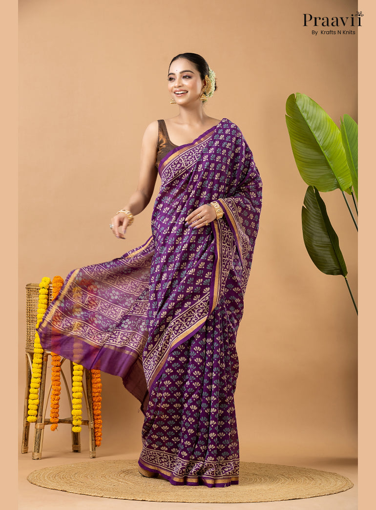 Violet Chanderi Handblock Print Saree