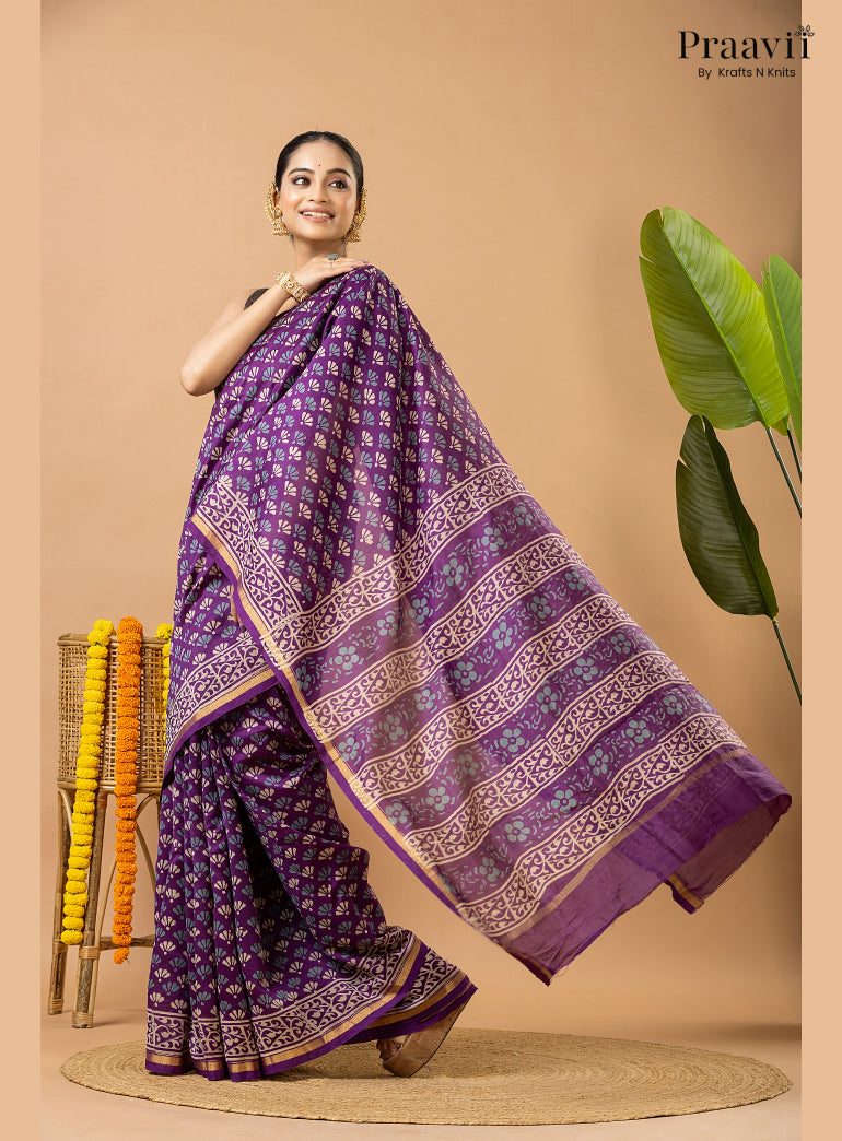 Violet Chanderi Handblock Print Saree