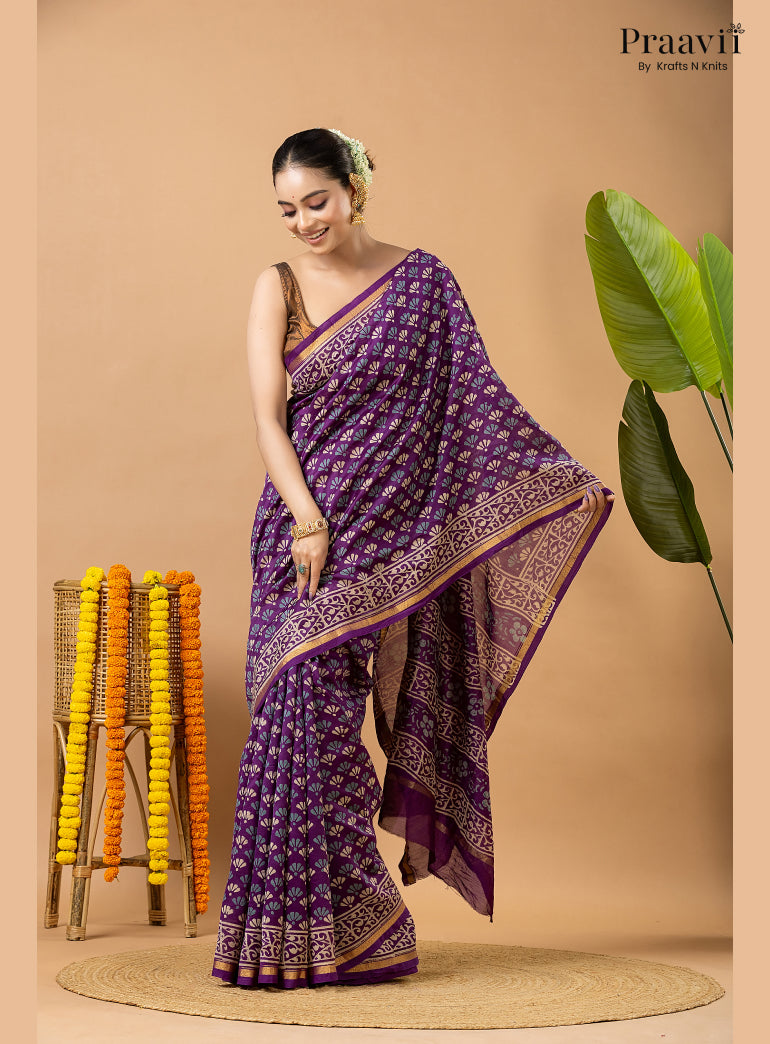 Violet Chanderi Handblock Print Saree