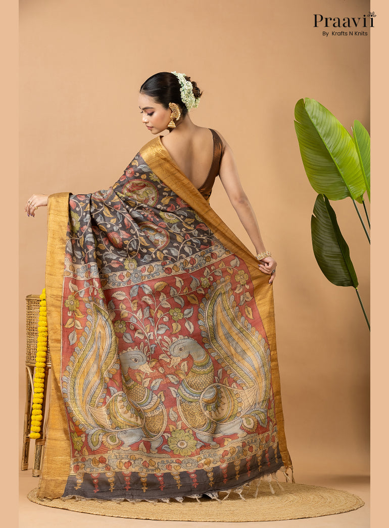 Charcoal Black Pure Tussar Natural Dye Pen Kalamkari Saree