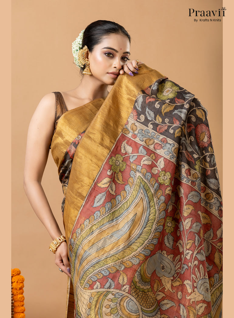 Charcoal Black Pure Tussar Natural Dye Pen Kalamkari Saree