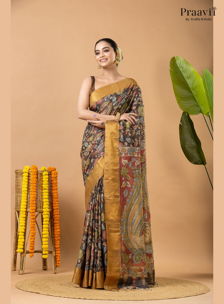 Charcoal Black Pure Tussar Natural Dye Pen Kalamkari Saree