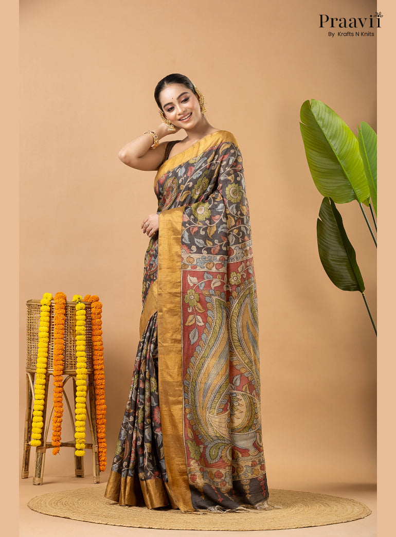 Charcoal Black Pure Tussar Natural Dye Pen Kalamkari Saree