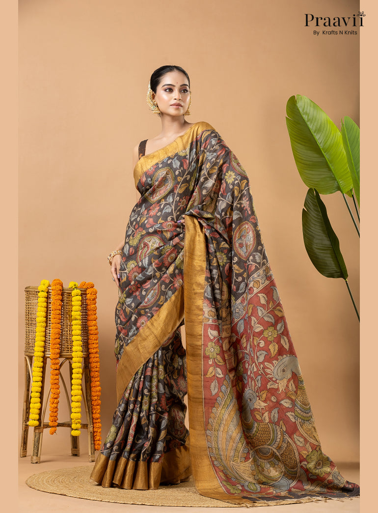 Charcoal Black Pure Tussar Natural Dye Pen Kalamkari Saree