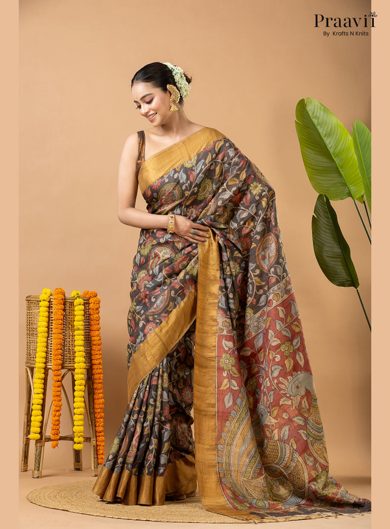 Charcoal Black Pure Tussar Natural Dye Pen Kalamkari Saree